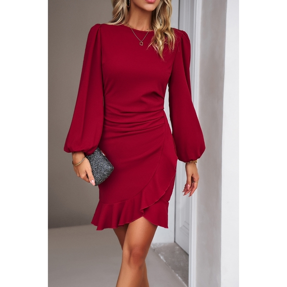 Red Ruched Ruffle Dress - Picture 6 of 7